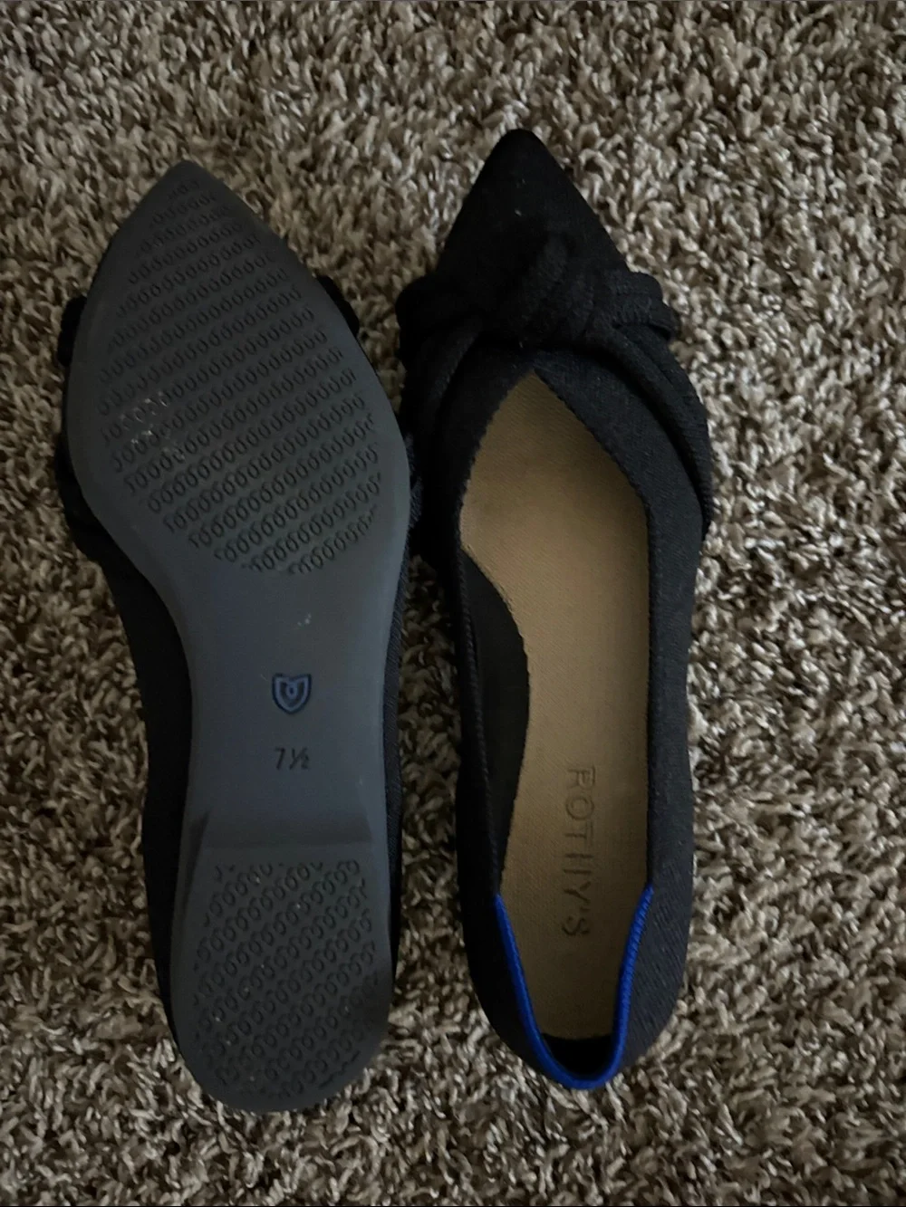 Rothy's Black Pointed Knot Flats with Blue Trim